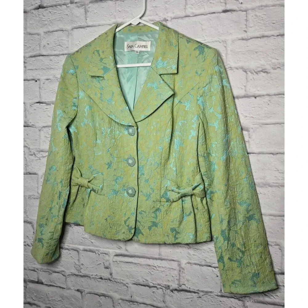Vintage Y2K Sara Campbell green mint embroidered blazer bow pockets 6. - Picture 2 of 7